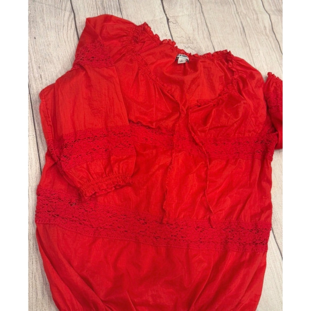 Old Navy Red Crochet Lace Trim Peasant Blouse Boho Scoop Neck Puff Sleeve Top L
